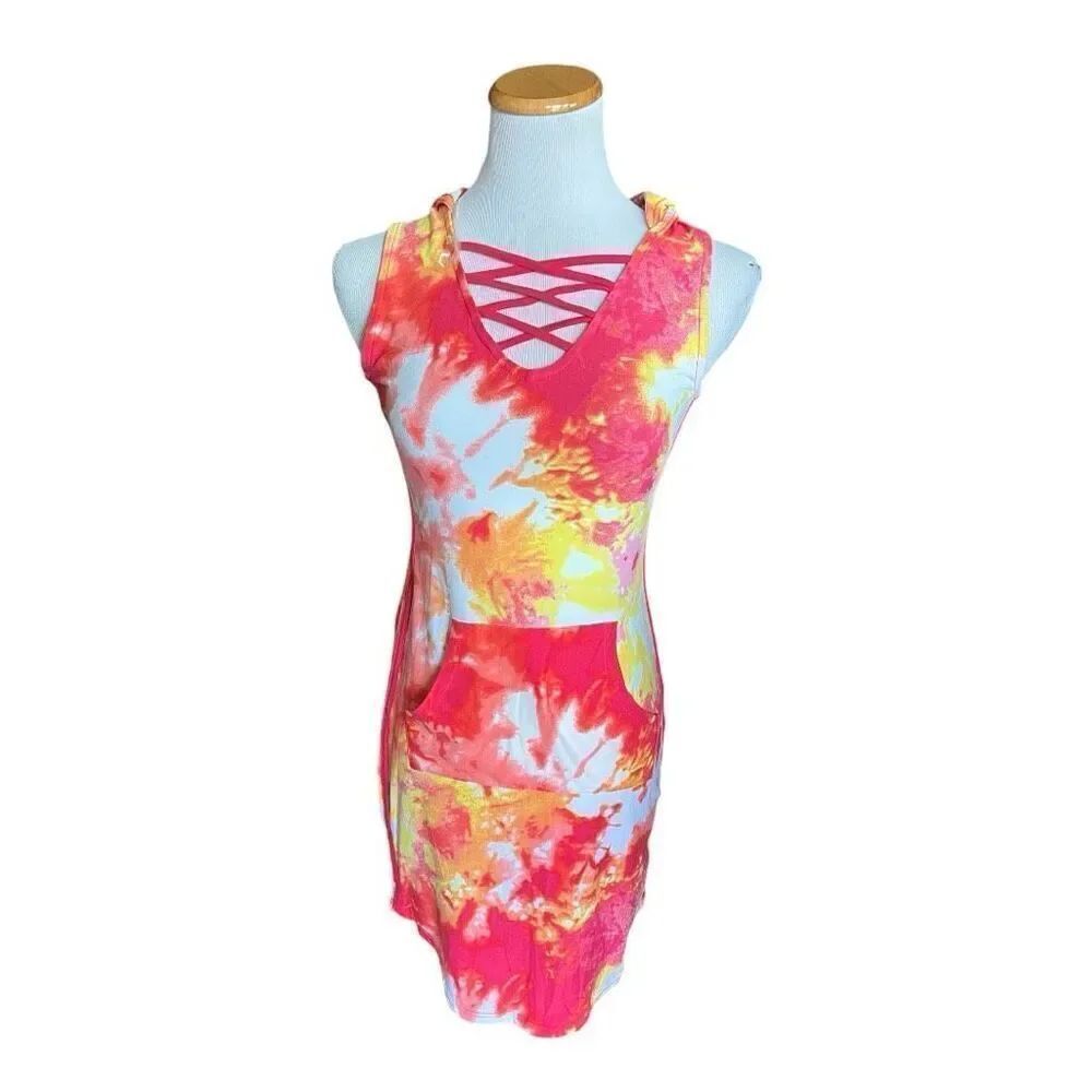 Juniors Womens No Boundaries Tie Dye Lace Front Sleeveless Hooded Dress - Sz S